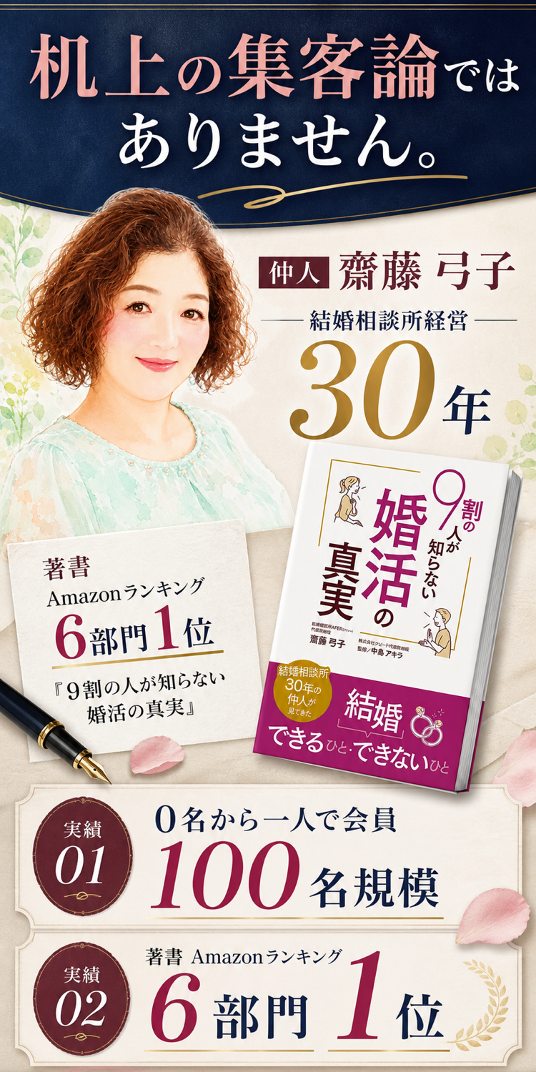 結婚相談所経営30年、0名から一人で会員100名規模、著書Amazonランキング6部門1位